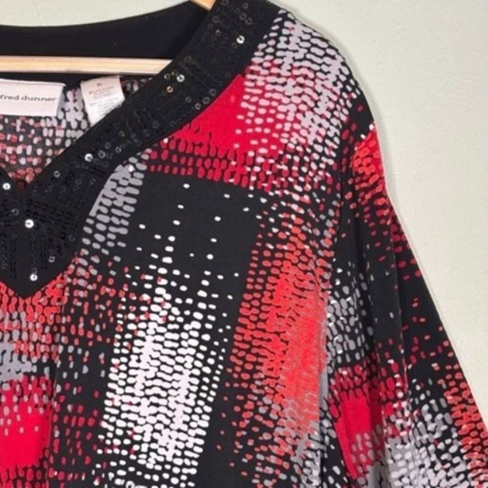 Alfred Dunner Abstract Liquid Knit Top Blouse-Red/Black/Gray/White-Women Size XL